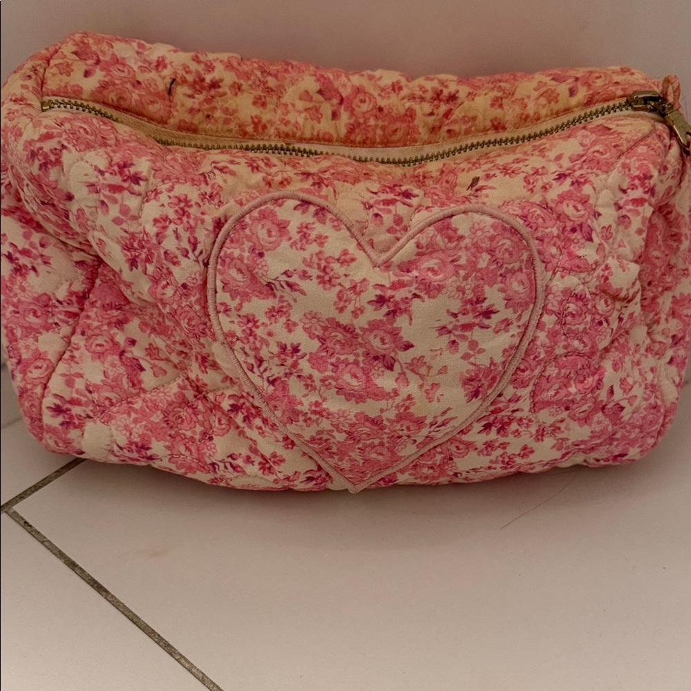 LoveShackFancy Pink Floral Quilted Heart Cosmetic Pouch